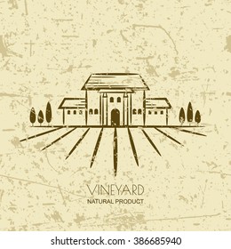 Vector old grunge background with vineyard fields and villa. Tuscany rural landscape. Trendy concept for wine list, bar or restaurant menu, labels and package for organic products.