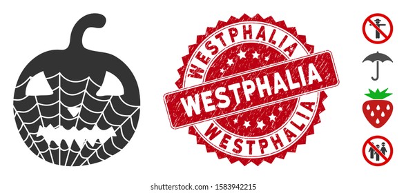 Vector old halloween pumpkin icon and grunge round stamp seal with Westphalia text. Flat old halloween pumpkin icon is isolated on a white background.