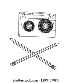 Vector old hand sketch compact audio cassette with crossed pencils