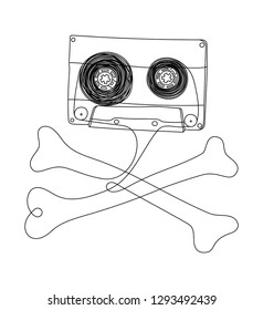 Vector old hand sketch compact audio cassette with crossed tape