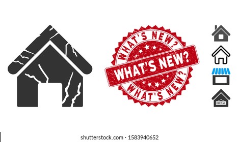 Vector old home icon and rubber round stamp seal with What'S New? text. Flat old home icon is isolated on a white background. What'S New? stamp seal uses red color and rubber design.