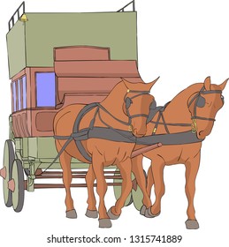 Vector. Old horse carriage with two horses.