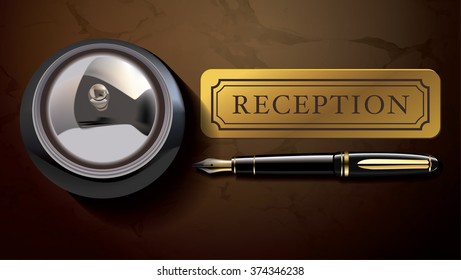 Vector old hotel bell, reception sign and classic pen on mable reception desk. Flat lay style.