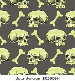Vector Old Human Skull Seamless Pattern on Grey Background.