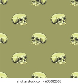 Vector Old Human Skull Seamless Pattern on Brown Background