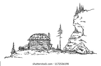 vector -  Old hut in the mountains in nature