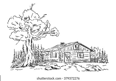 Vektorgrafik - Alte Hütte in den Bergen der Natur