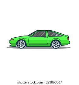 Vector old japan sport car. Green cartoon car. Side view.