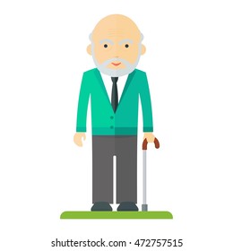 Vector old man with a stick. Elderly people, pensioner. Flat cartoon vector illustration. Objects isolated on a white background.