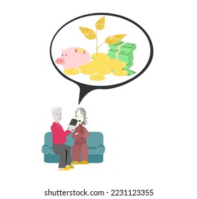 Vector old man and old woman sitting on the sofa watching the mobile.Grandparents are planning to use the savings to invest for returns.digital money concept. Technology Learning for the Elderly