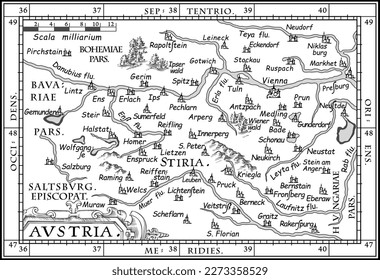 Vector old map of Austria with coordinate system, XVII century