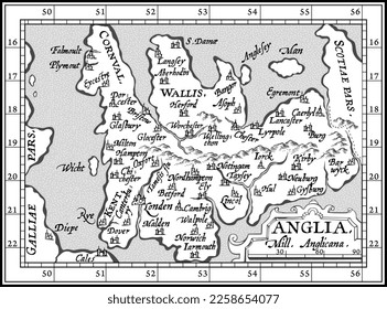 Vector old map of England with coordinate system, XVII century