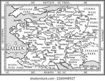 Vector old map of France with coordinate system, XVII century