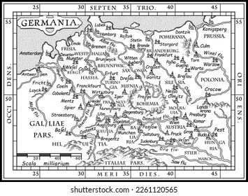 Vector old map of Germany with coordinate system, XVII century