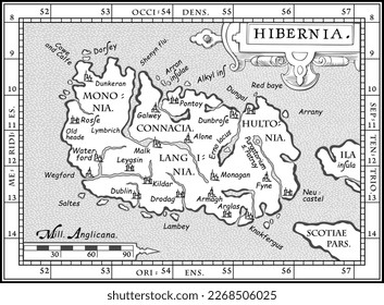 Vector old map of Ireland with coordinate system, XVII century