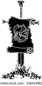 Vector Old Medieval Knight Warrior Combat Sword With Tattered Heraldr Scroll Of Heraldry Art Stuck In Grass After War Or Martial Arts Training Vintage Grunge Sign Art