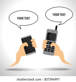 Vector : Old mobile phone and smartphone in hand with speech bubbles