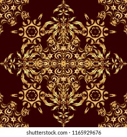 Vector old moroccan, arabian and turkish ornaments. Seamless golden vintage pattern on brown background.