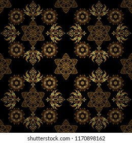 Vector old moroccan, arabian and turkish ornaments. Seamless golden vintage pattern on black background.