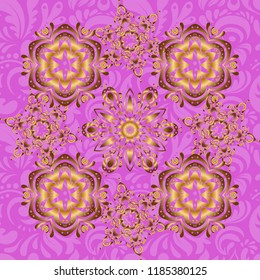 Vector old moroccan, arabian and turkish ornaments. Seamless golden vintage pattern on violet background.