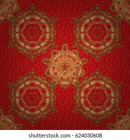 Vector old moroccan, arabian and turkish ornaments. Seamless golden vintage pattern on red background.