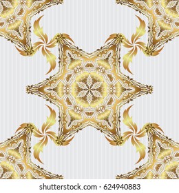 Vector old moroccan, arabian and turkish ornaments. Seamless golden vintage pattern on gray background.