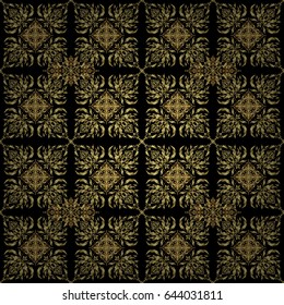 Vector old moroccan, arabian and turkish ornaments. Seamless golden vintage pattern on black background.