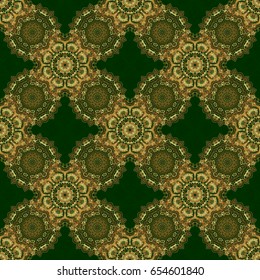 Vector old moroccan, arabian and turkish ornaments. Seamless golden vintage pattern on green background.
