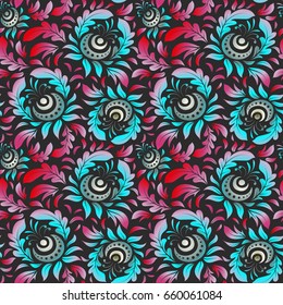 Vector old moroccan, arabian and turkish ornaments. Seamless pink and blue vintage pattern on black background.