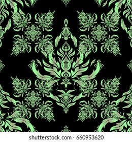 Vector old moroccan, arabian and turkish ornaments. Seamless green vintage pattern on black background.