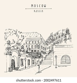 Vector old Moscow, Russia, Europe architecture postcard. Ancient houses, stairs, old buildings drawing. Old town artwork. Travel sketch. Vintage hand drawn touristic poster, brochure illustration