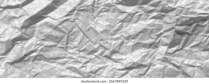 Vector old paper background. Retro halftone effect. Crumpled sheet template. Rough grungy wrinkled overlay. Aged gritty dusty dark grey page mockup. Distressed snow peaks mountain range collage bg