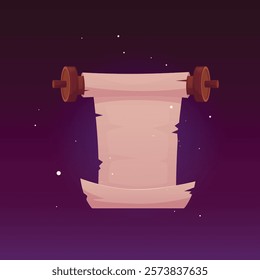 Vector of old parchment with magic particles around. Empty scroll illustration with torn, curled edges on isolated purple background. Graphic game interface. Spell, letter or treasure map.