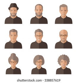 vector old people face. cartoon senior character. man, woman icon