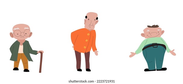 Vector old people. Retirees in a simple style. A man with a cane in a green sweater and mustard pants, sciatica in orange clothes and a fat cheerful man in a green suit.