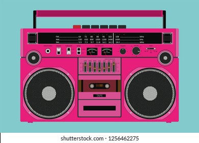 Vector old pink color tape recorder for pushing music with two speakers isolated on white background.