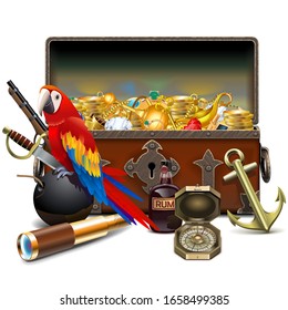 Vector Old Pirate Chest with Parrot isolated on white background