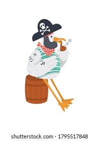 Vector old pirate with smoking pipe in cocked hat. Funny seagull character for marine theme. Bird in neckerchief and bandana. Isolated.