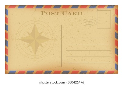 Vector old postcard with compass. Grunge paper vintage postcard. Isolated on white.