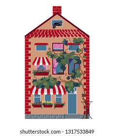 Vector old pretty house. Building of old Europe. Old european architecture with french balcony, flowers in pot, grape tree near the house and cat on attic. House of red brick with pitched roof.