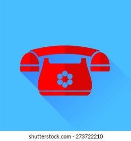 Vector Old Red Phone Isolated on Blue Background. Long Shadow.