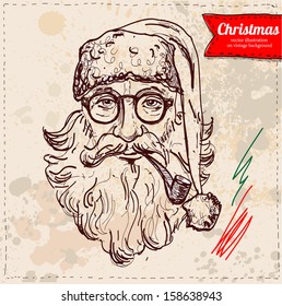 Vector old Santa hand drawn isolated, sketchy illustration on vintage textured background