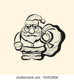 Vector old Santa hand drawn isolated, sketchy illustration on vintage textured background