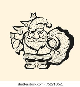 Vector old Santa hand drawn isolated, sketchy illustration on vintage textured background