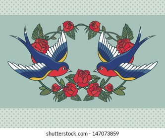 Vector Old School Frame With Roses And Birds. Background With Text Place.