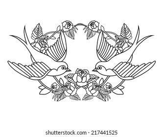 Vector old school frame with roses and birds. Background with text place.