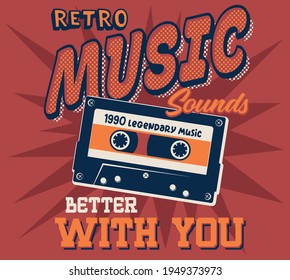 Vector Old School Music Play, Retro Casette Illustration For T Shirts Print