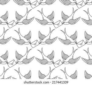 Vector old school seamless pattern with birds and love letters