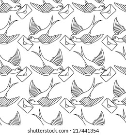 Vector old school seamless pattern with birds and love letters