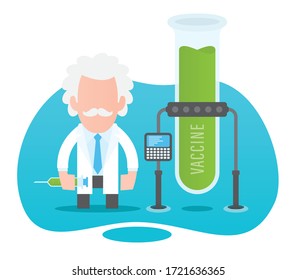 Vector an old scientist discovered a vaccine in a laboratory. Isolated on white background.